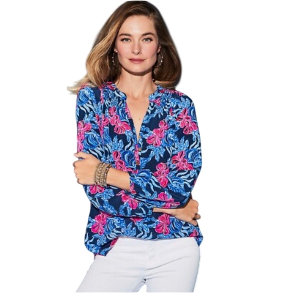 Lilly Pulitzer Elsa 100% Silk Blouse Top XXL Low Tide Navy Colorful Tropical
